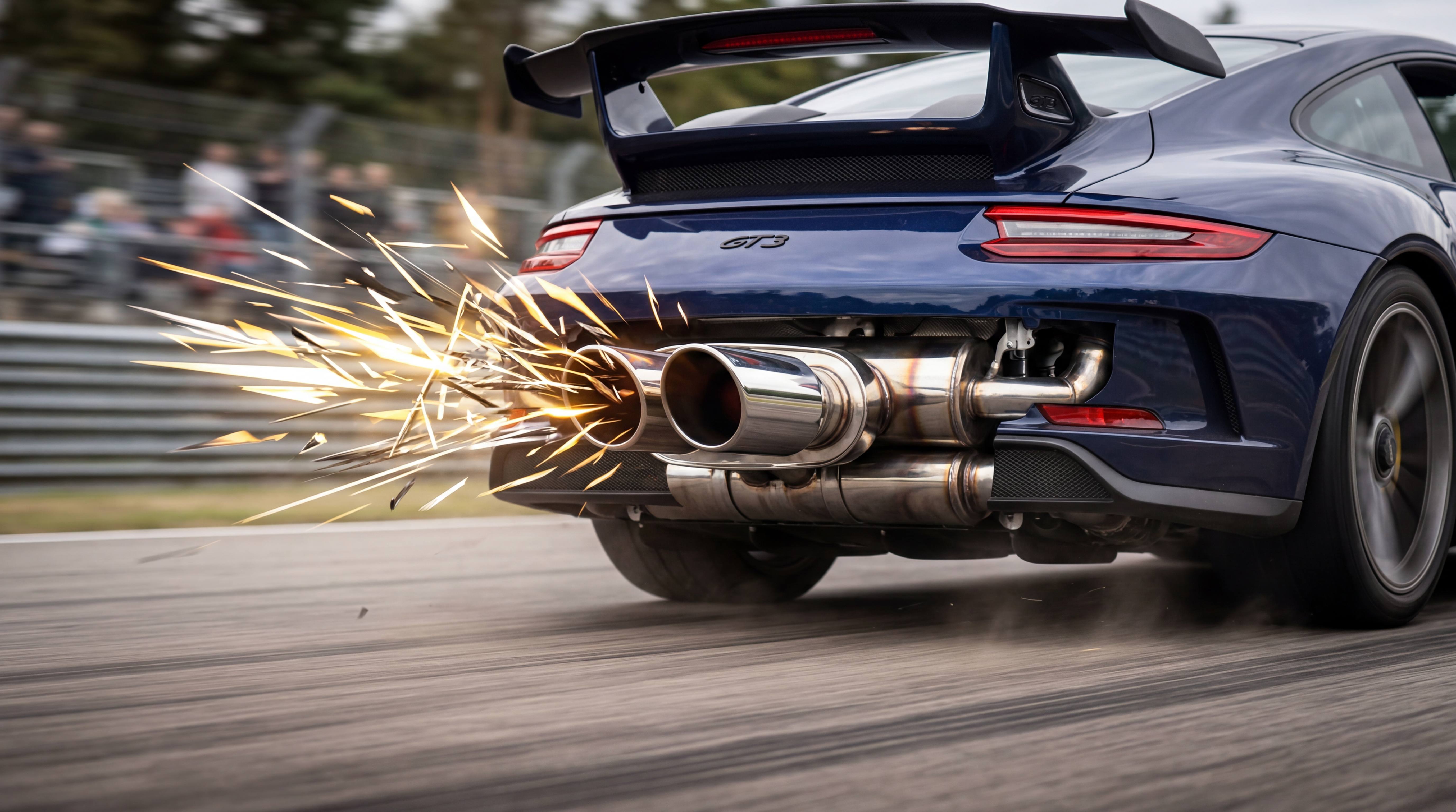 Track performance car with aggressive exhaust sound showing sharp exhaust rasp and high-output tailpipe flow